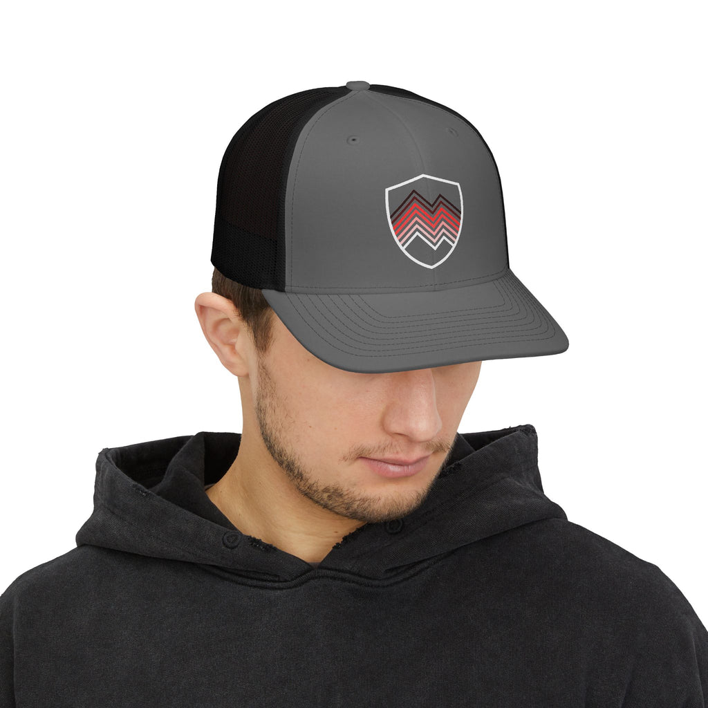 Chevron Shield Trucker Cap — Retro Red Gradient Patch Snapback