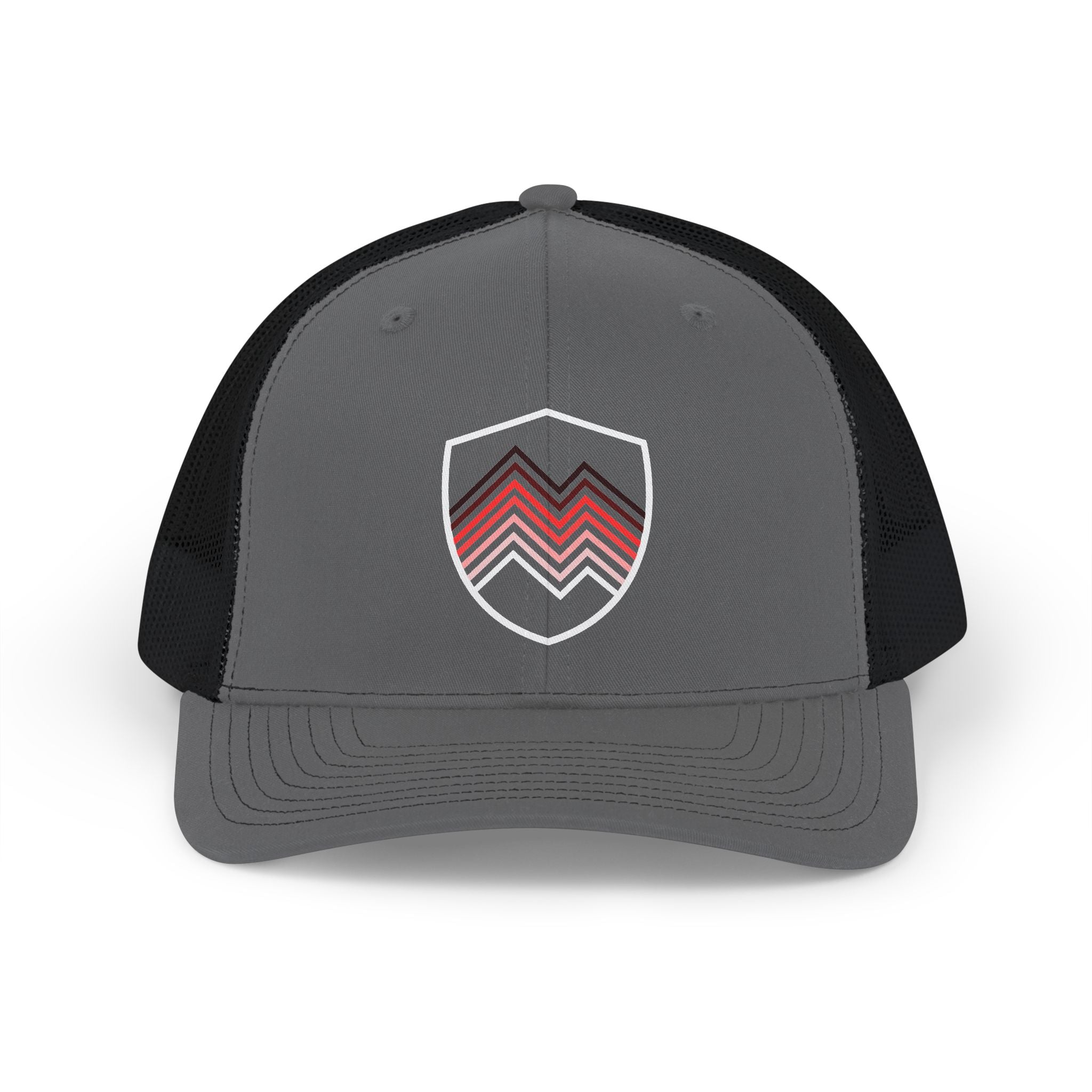 Chevron Shield Trucker Cap — Retro Red Gradient Patch Snapback