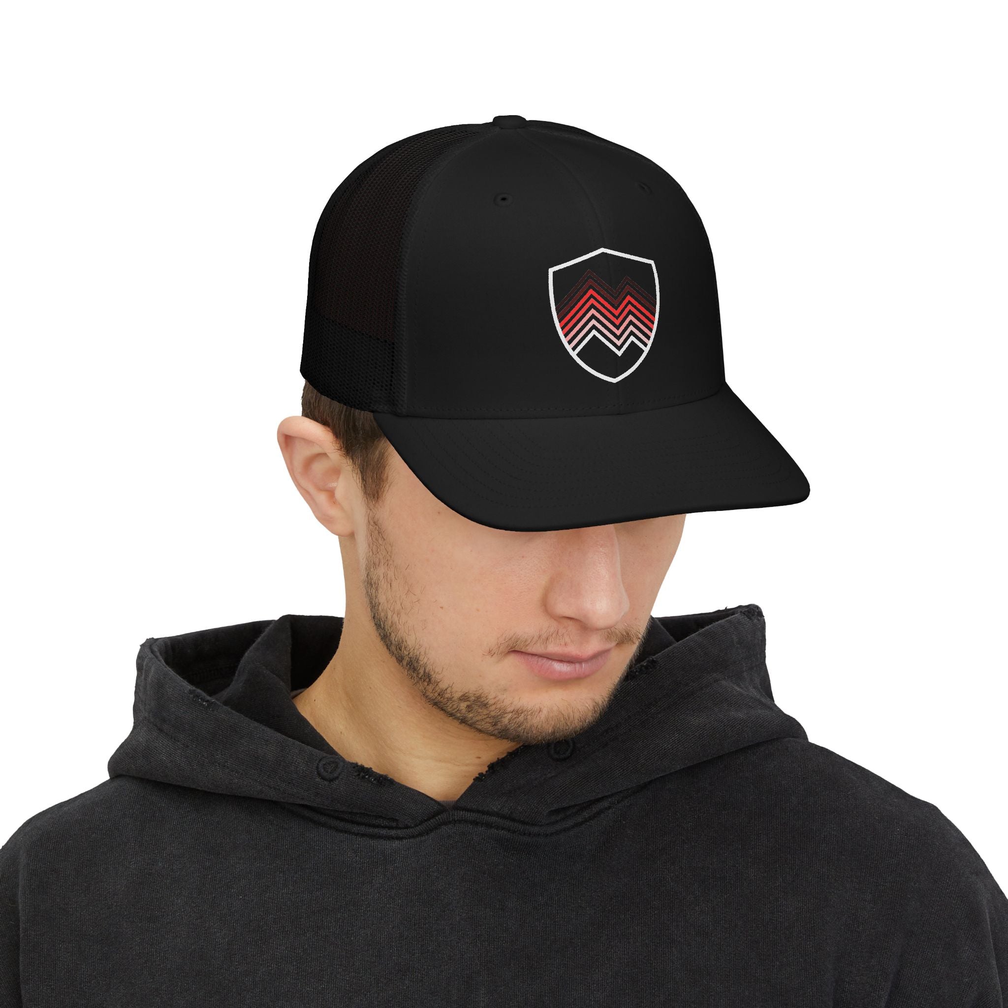 Chevron Shield Trucker Cap — Retro Red Gradient Patch Snapback