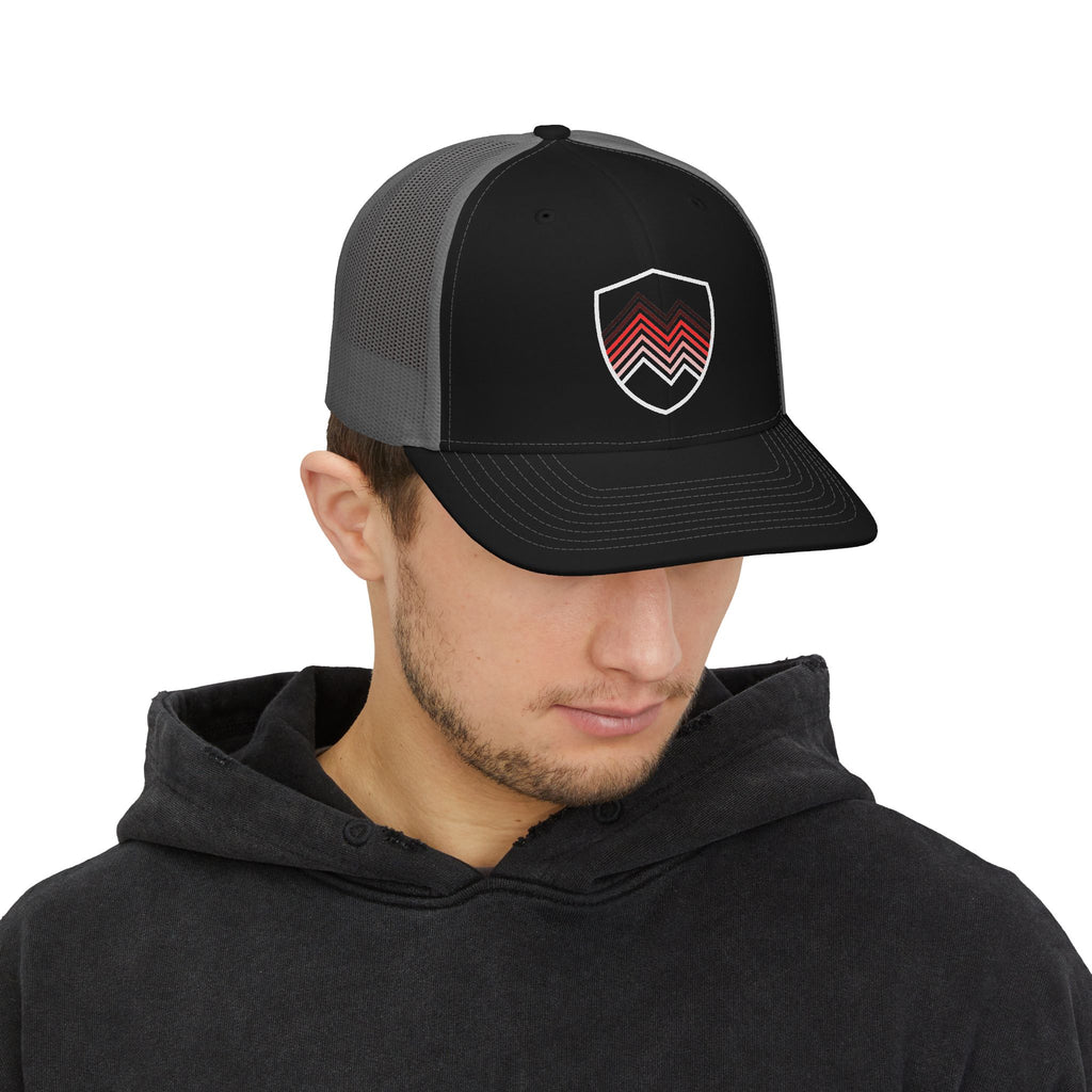 Chevron Shield Trucker Cap — Retro Red Gradient Patch Snapback