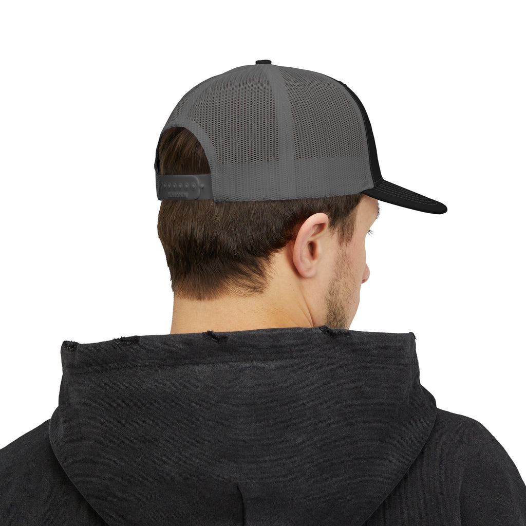 Chevron Shield Trucker Cap — Retro Red Gradient Patch Snapback