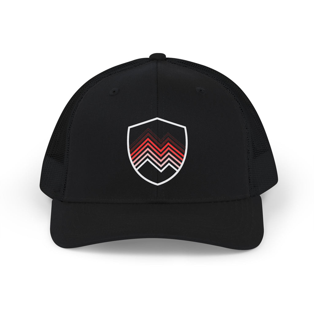 Chevron Shield Trucker Cap — Retro Red Gradient Patch Snapback