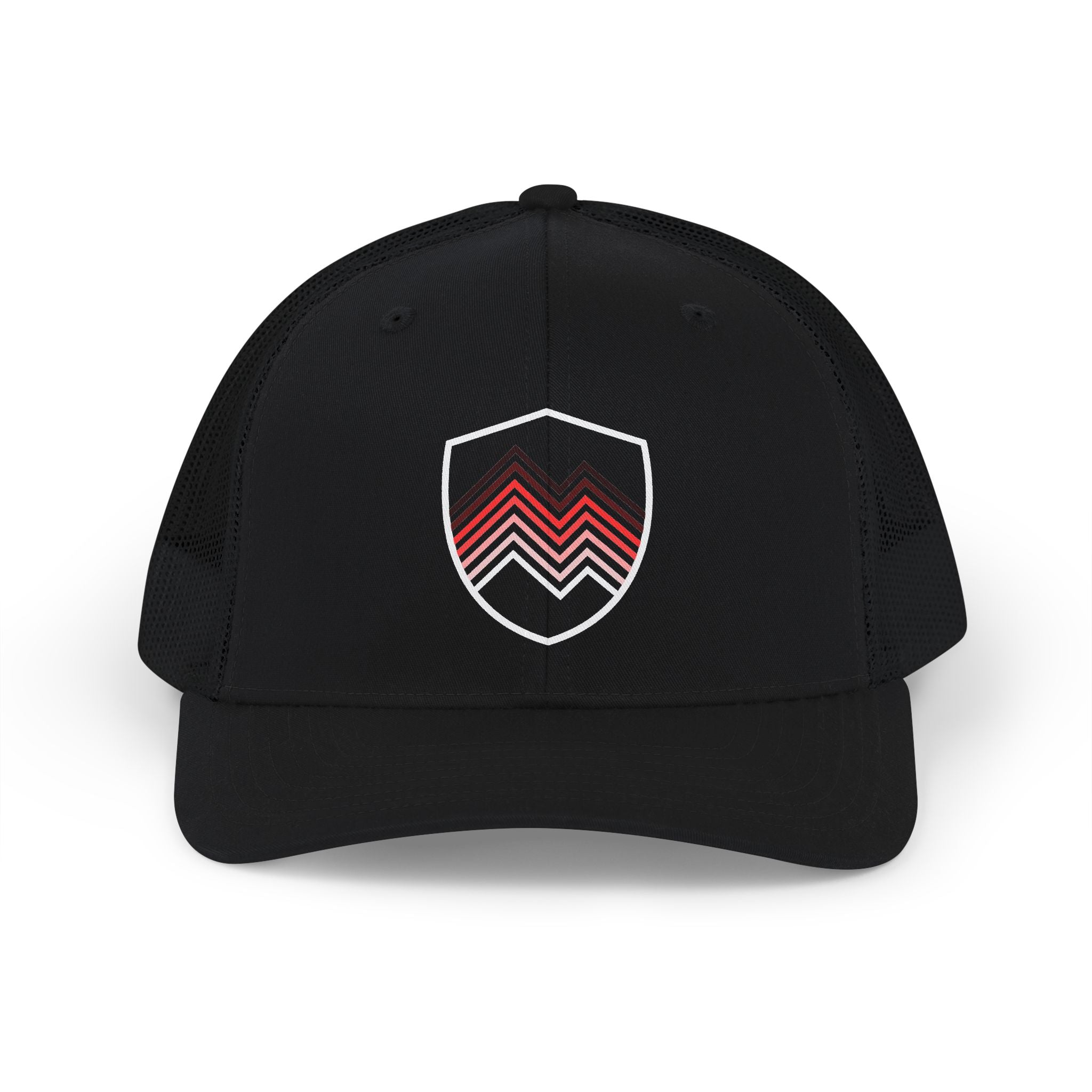 Chevron Shield Trucker Cap — Retro Red Gradient Patch Snapback