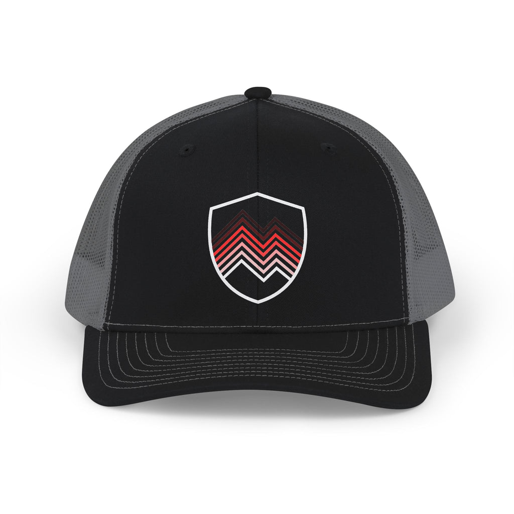 Chevron Shield Trucker Cap — Retro Red Gradient Patch Snapback