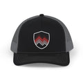 Chevron Shield Trucker Cap — Retro Red Gradient Patch Snapback