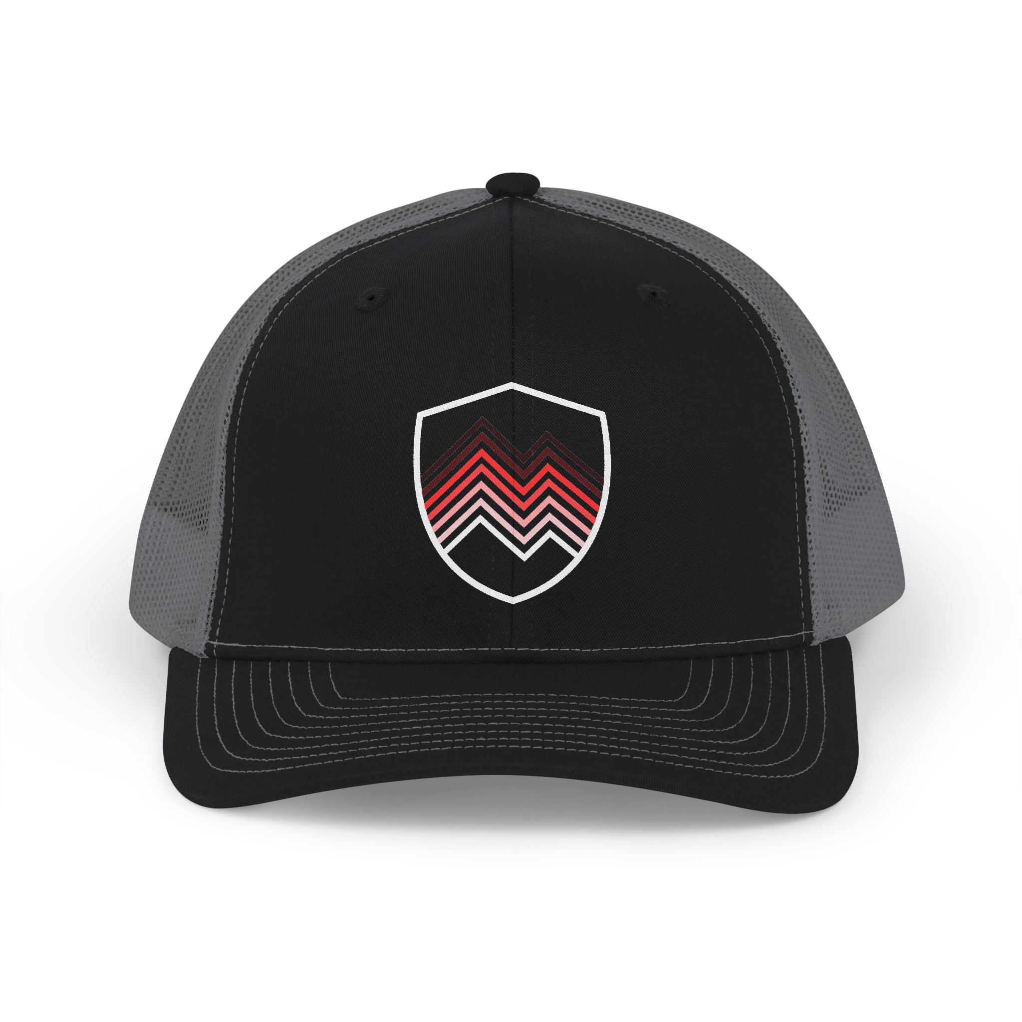 Chevron Shield Trucker Cap — Retro Red Gradient Patch Snapback
