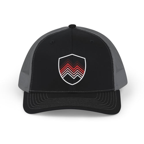 Chevron Shield Trucker Cap — Retro Red Gradient Patch Snapback